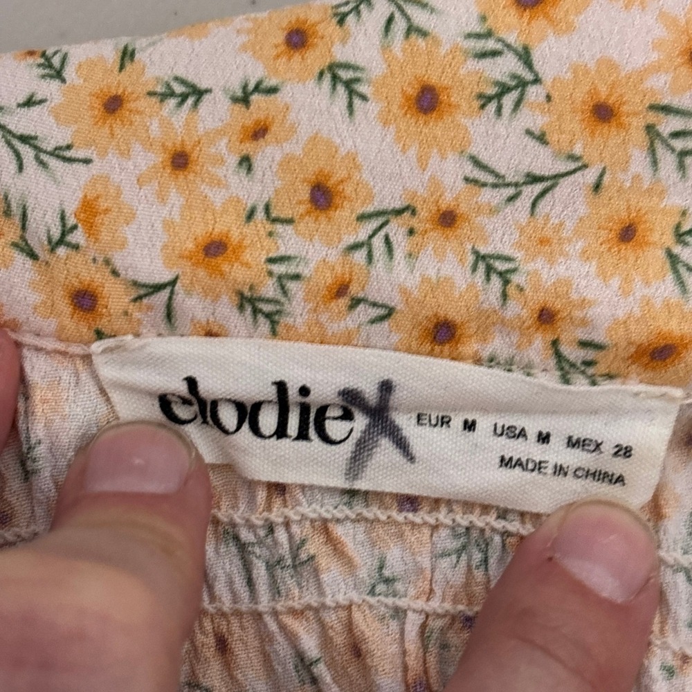 Elodie Top M Orange Yellow Floral Smocked Ruffle Collar Tie Crop Boho Cottage - Picture 4 of 10